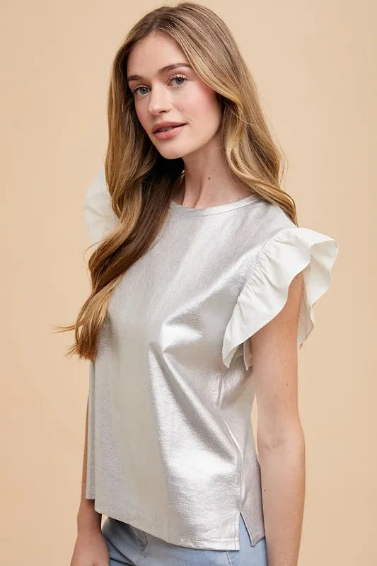 Annie Wear Mix Media Metallic Knit Ruffle Sleeve Top
