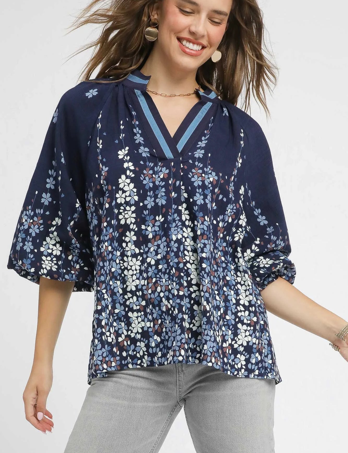 MIDNIGHT Umgee Midnight Floral Vine Print Blouse with Balloon Sleeves Plus Size | Blouses Daverri Fashions