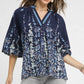 Umgee Full Size Floral Vine Print Blouse with Balloon Sleeves Plus Size MIDNIGHT