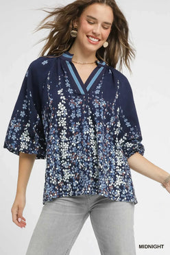 Umgee Midnight Floral Vine Print Blouse with Balloon Sleeves Plus Size - DAVERRI FASHIONS