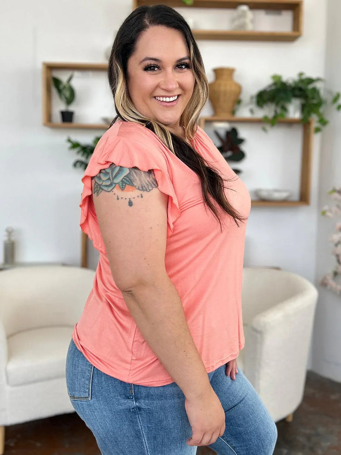 Basic Bae Full Size Bamboo Notched Ruffled Short Sleeve T-Shirt - DAVERRI FASHIONS