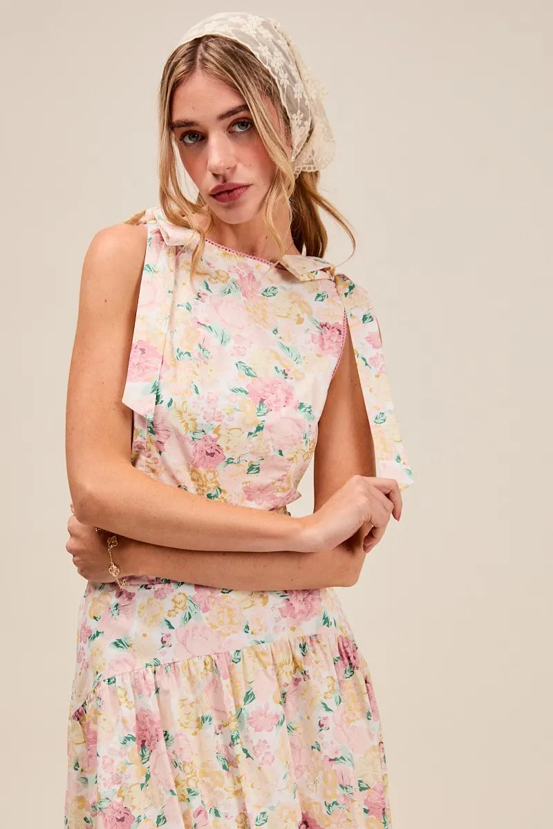 SO ME Floral Printed Woven Shoulder Bow Tie Top and Skirt Set Outfit Sets