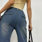 Back view of Wide Leg Contrast Stitching Jeans in high-waisted blue denim with relaxed fit and two back pockets