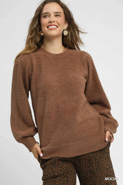 Mocha Umgee Textured Long Sleeve Sweater with Ribbed Trim | Sweaters Daverri Fashions