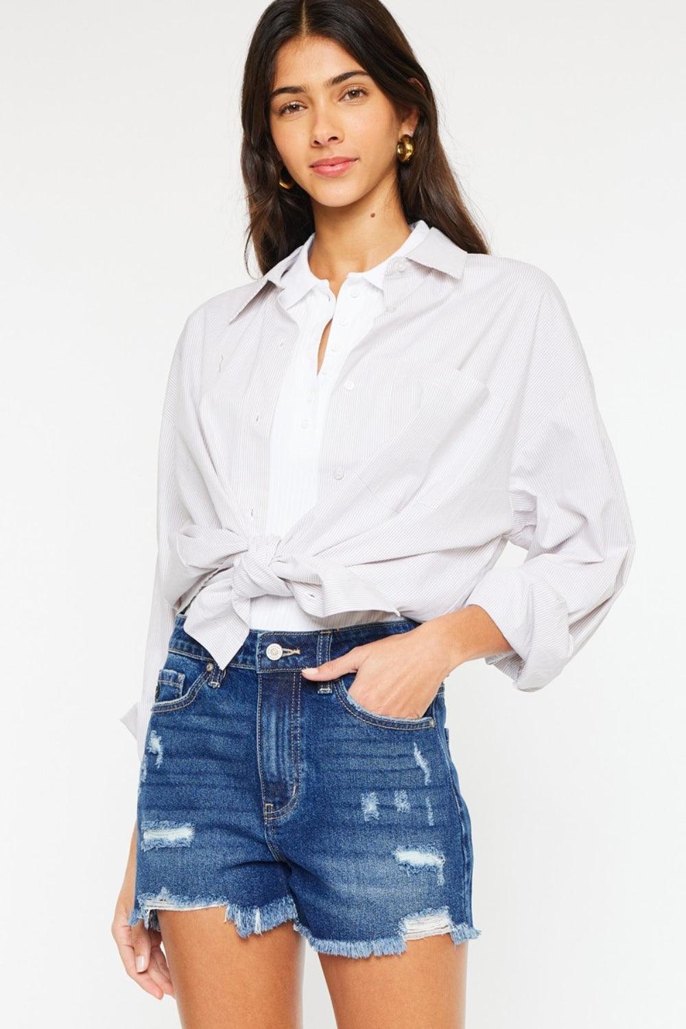 Kancan High Rise Frayed Hem Denim Shorts Dark