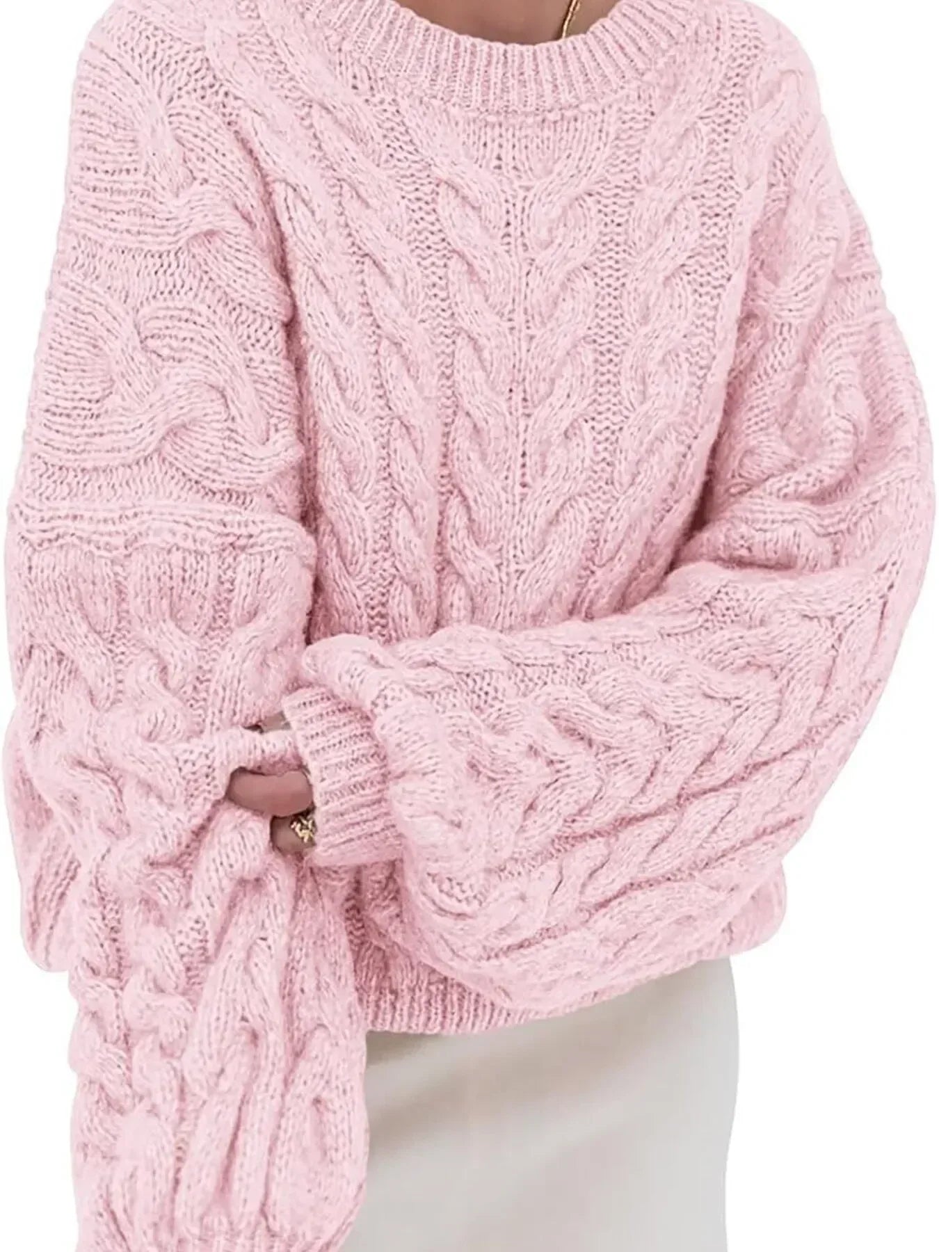 Cable Knit Long Sleeve Sweater - DAVERRI FASHIONS