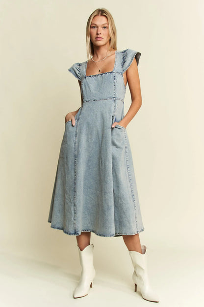 Jade By Jane Ruffled Denim Midi Dress - DAVERRI FASHIONS