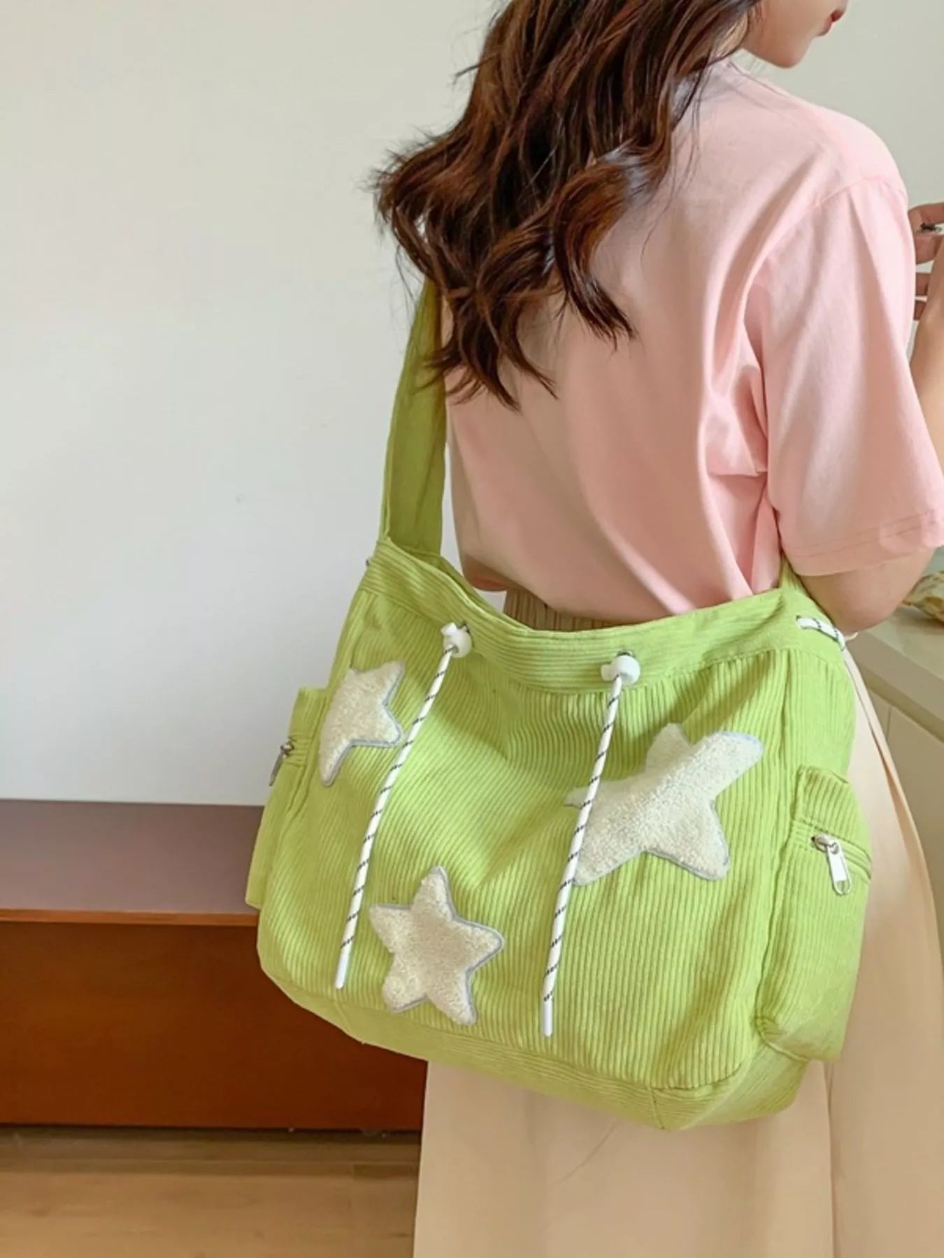 Lime green corduroy star applique casual crossbody bag with drawstrings