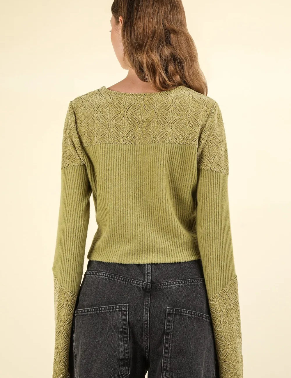 VERY J V-Neck Lace Detail Button Down Crop Ribbed Knit Top | Knit Tops Daverri Fashions