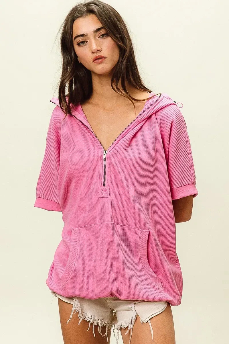 BiBi Vintage Washed Waffle Thermal Hoodie - DAVERRI FASHIONS