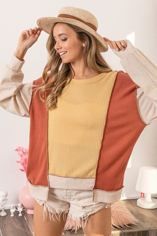 BiBi Waffle-Knit Exposed Seam Color Block Uneven Hem Top Tops