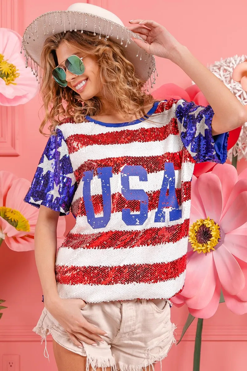 BiBi American Flag Theme USA Lettering Sequin Top Tops