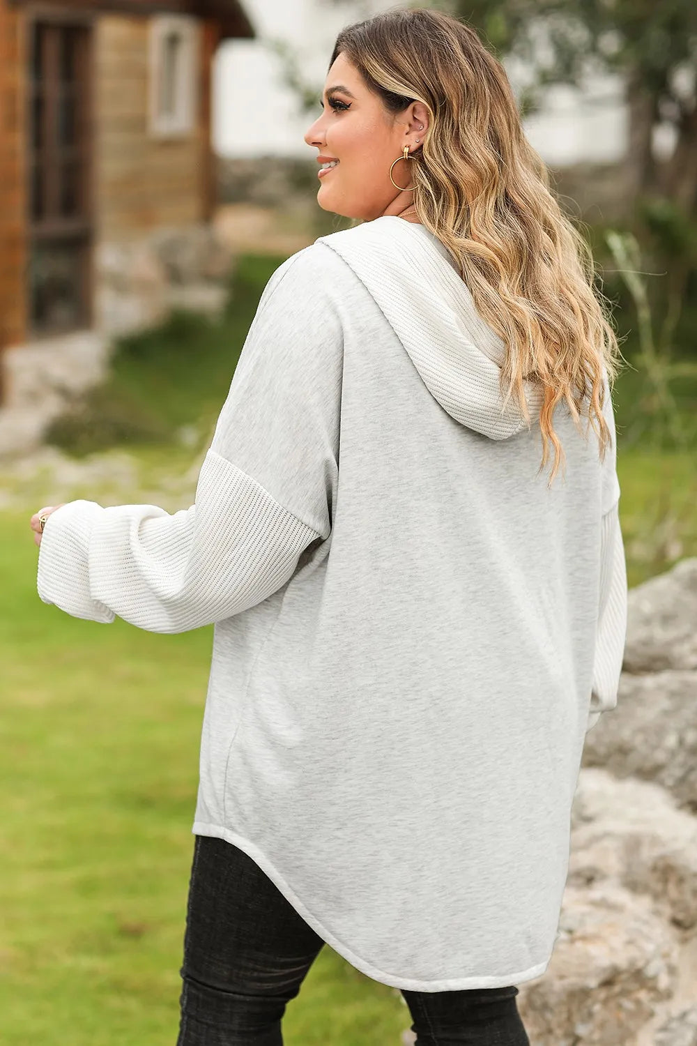Light gray plus size button-up drawstring hoodie with textured knit