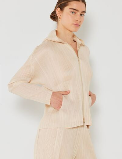 Marina West Swim Pleated Hood Jacket with 2 Way Zipper Beige L