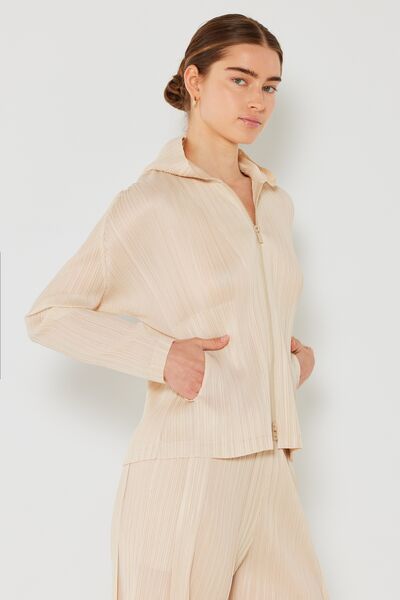 Marina West Swim Pleated Hood Jacket with 2 Way Zipper Beige L