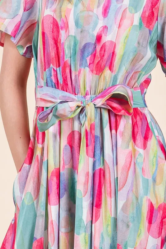 Lime 'N' Chili Watercolor Print Tie Front Midi Dress | Daverri Fashions
