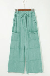 Mineral Wash Exposed Seam Drawstring High Waist Wide Leg Cargo Pants | Loungewear Pants Daverri Fashions