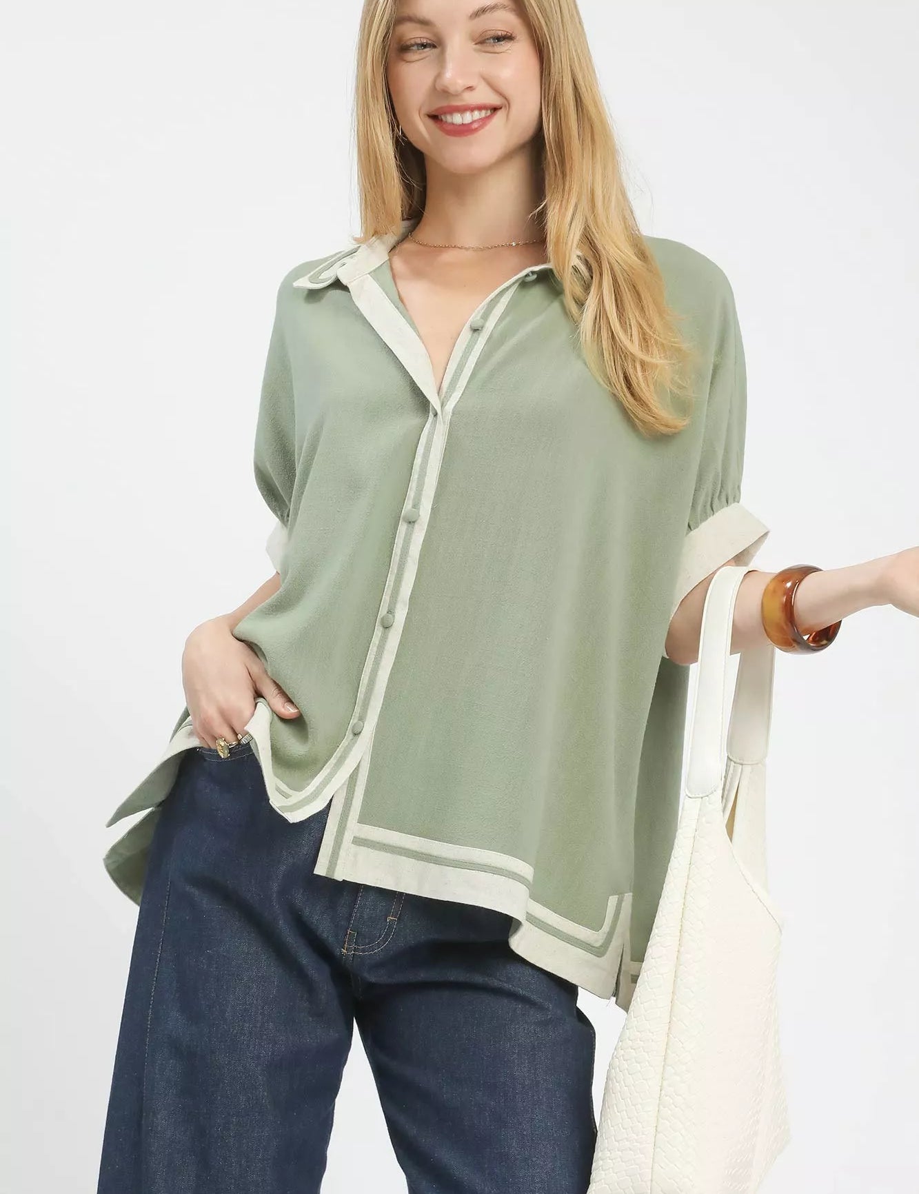 Mint Umgee linen button-front top with white piping trim