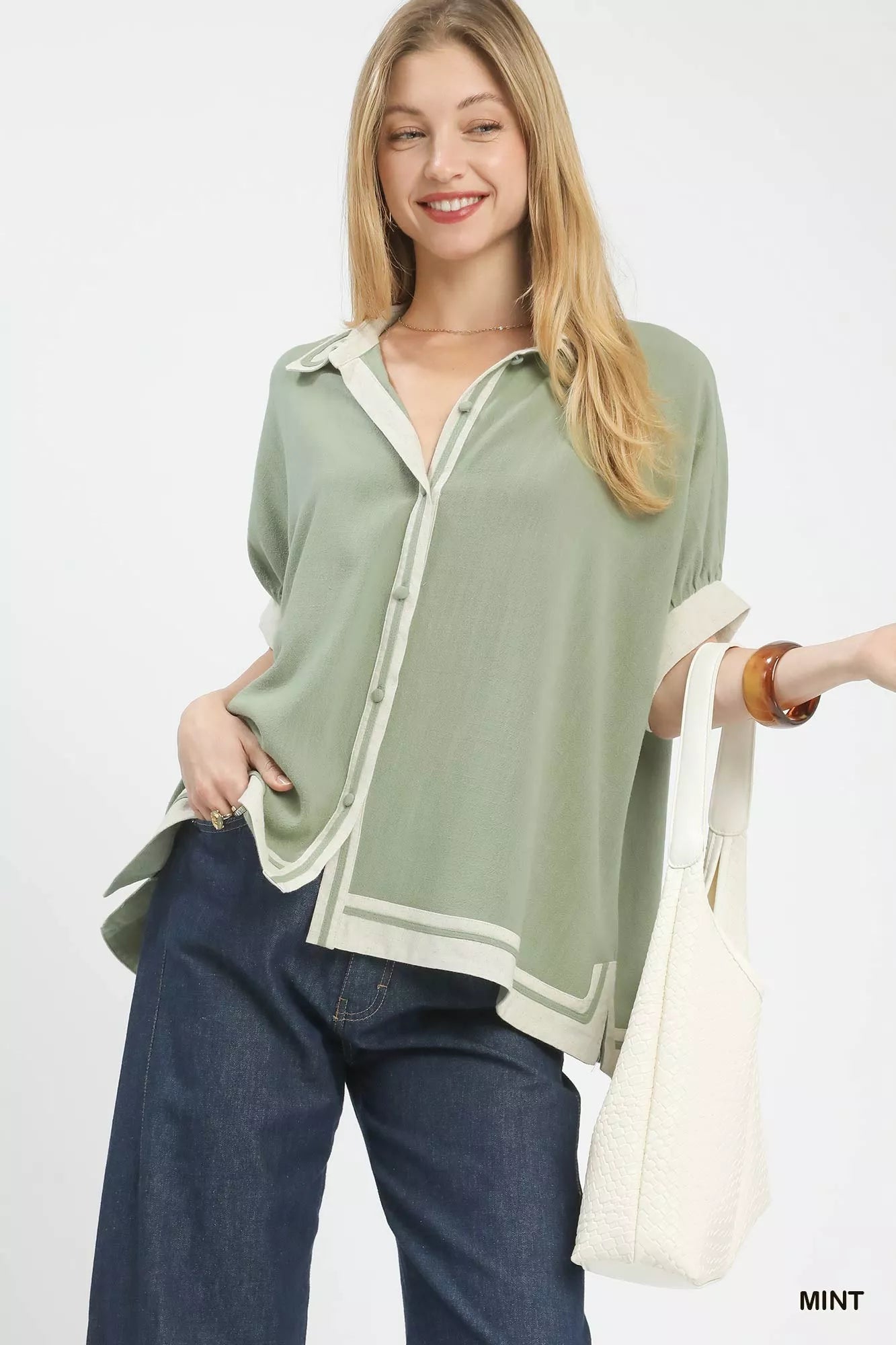 Mint Umgee linen button-front top with white piping trim