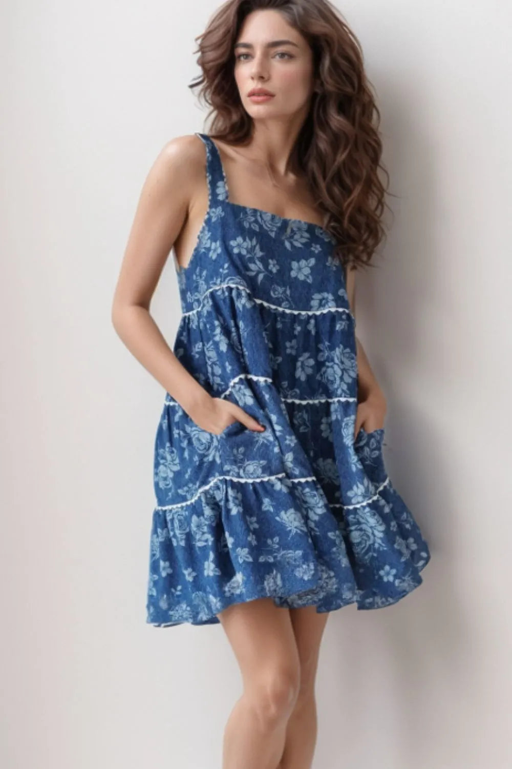 Blue floral tiered square neck denim dress with white lace trim