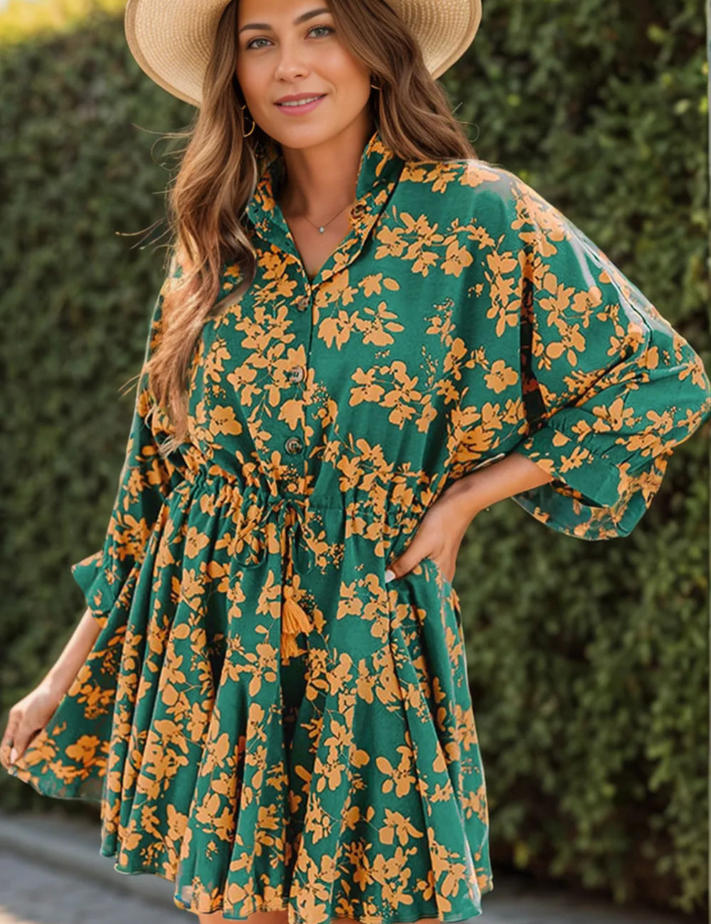 Green floral print three-quarter sleeve mini dress with ruffled hem