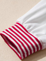 Red and white striped cuff detail on Striped Patchwork Sleeve Sweatshirt