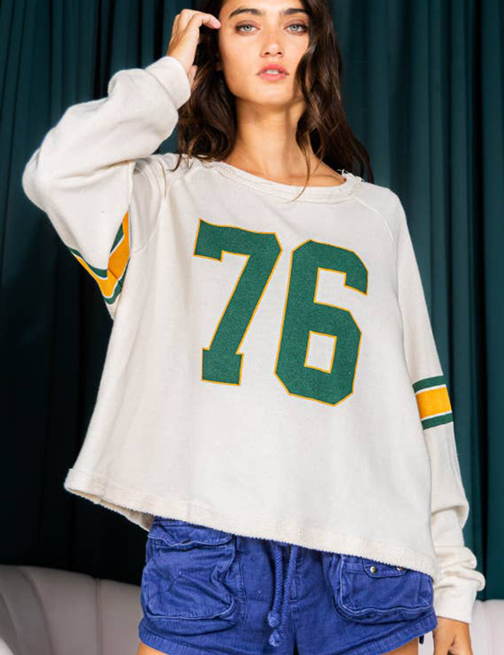 Number 76 Printed Retro Sporty Long Sleeve Top | Tops Daverri Fashions