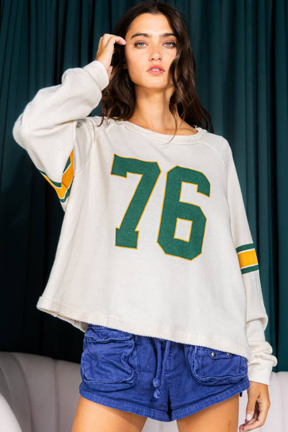 White Number 76 Printed Retro Sporty Long Sleeve Top | Tops/Long Sleeve Tops Daverri Fashions