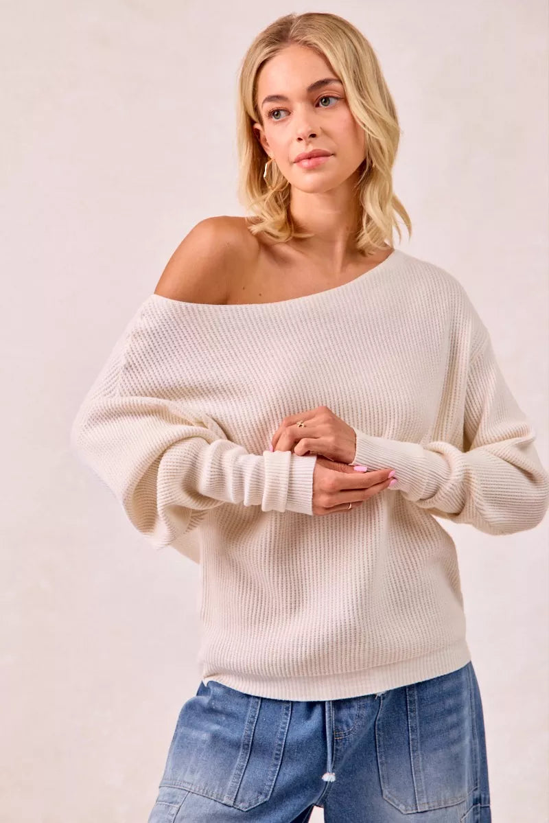 BiBi Waffle Knit Off-Shoulder Cream Ribbed Sweater
