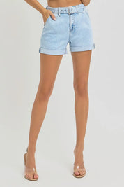 RISEN Full Size High Rise Belted Roll Up Shorts Plus Size | Shorts Daverri Fashions