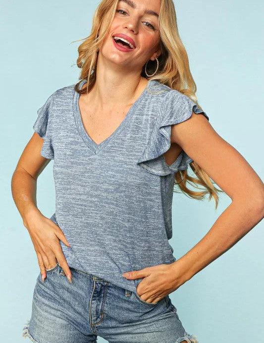 Denim Two Tone V Neck Ruffle Sleeve Top | Daverri Fashions