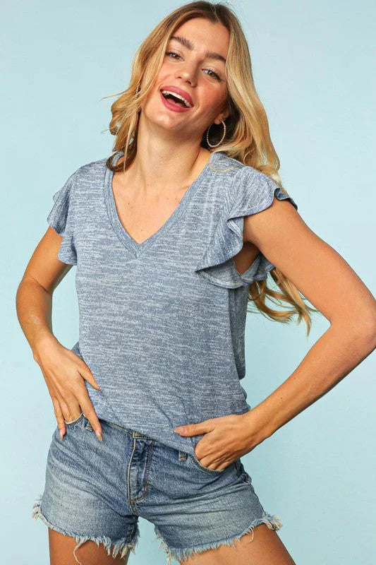 Denim Two Tone V Neck Ruffle Sleeve Top | Daverri Fashions