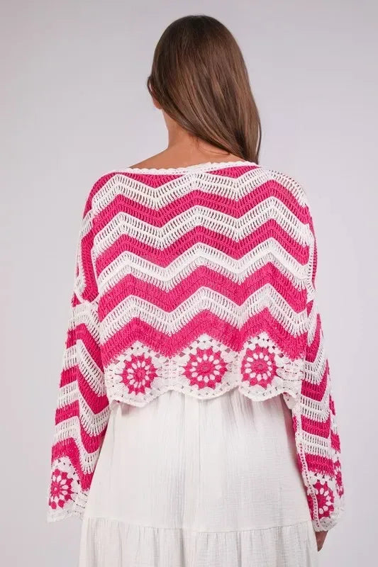 VERY J Chevron/Floral Pattern Crochet Knit Top - DAVERRI FASHIONS