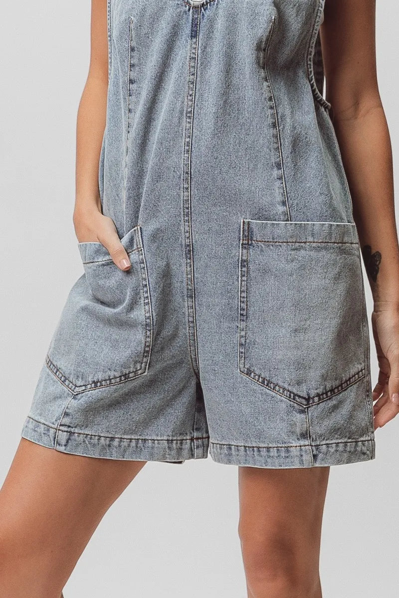 BiBi Patch Vintage Washed Denim Shortall with light-wash overalls shorts