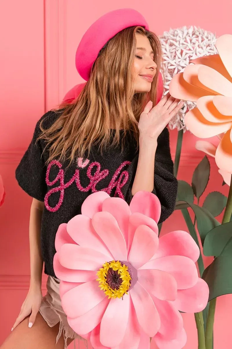 BiBi Metallic Letter Short Puff Sleeve Hairy Sweater - DAVERRI FASHIONS