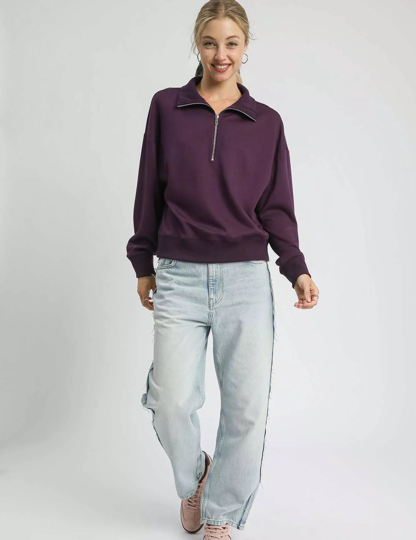 Umgee Half Zip Drop Shoulder Sweatshirt | Sweatshirts Daverri Fashions