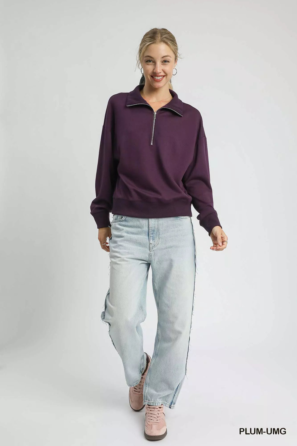 Umgee Half Zip Drop Shoulder Sweatshirt | Sweatshirts Daverri Fashions