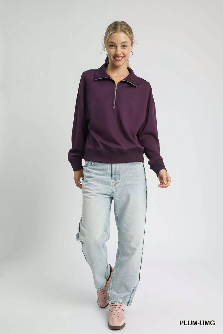 Umgee Half Zip Drop Shoulder Sweatshirt | Sweatshirts Daverri Fashions