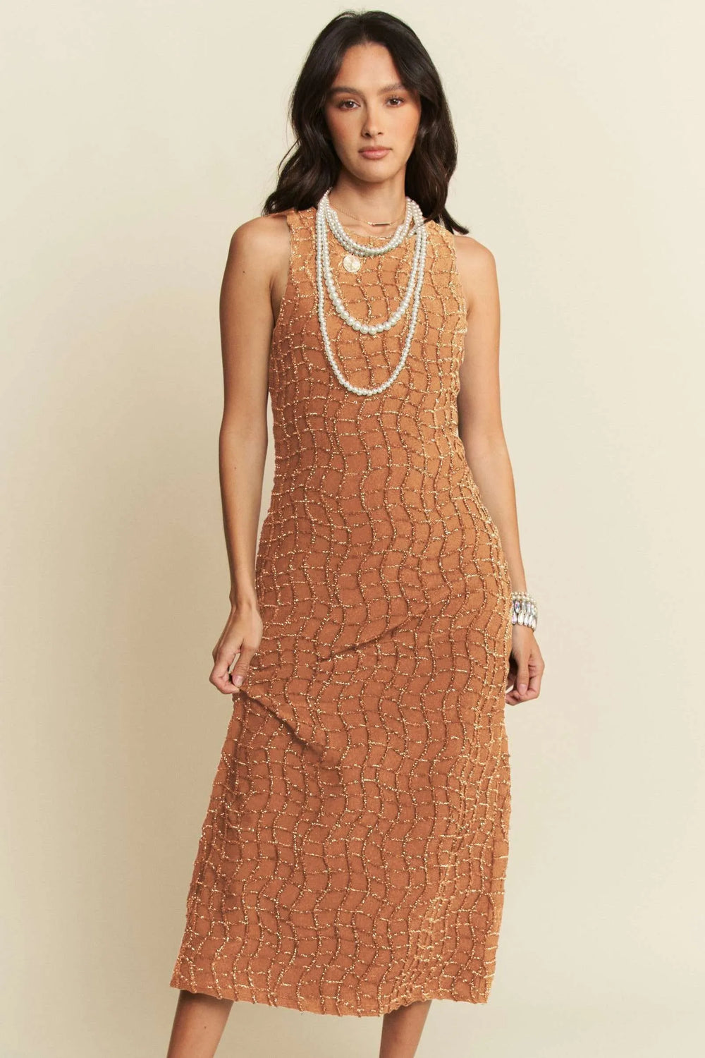 Davi & Dani Golden Textured Zippered Midi Dress Midi Dresses