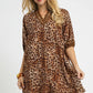 Umgee Full Size Leopard Print Mini Dress with Contrast Trim Plus Size Brown Dresses