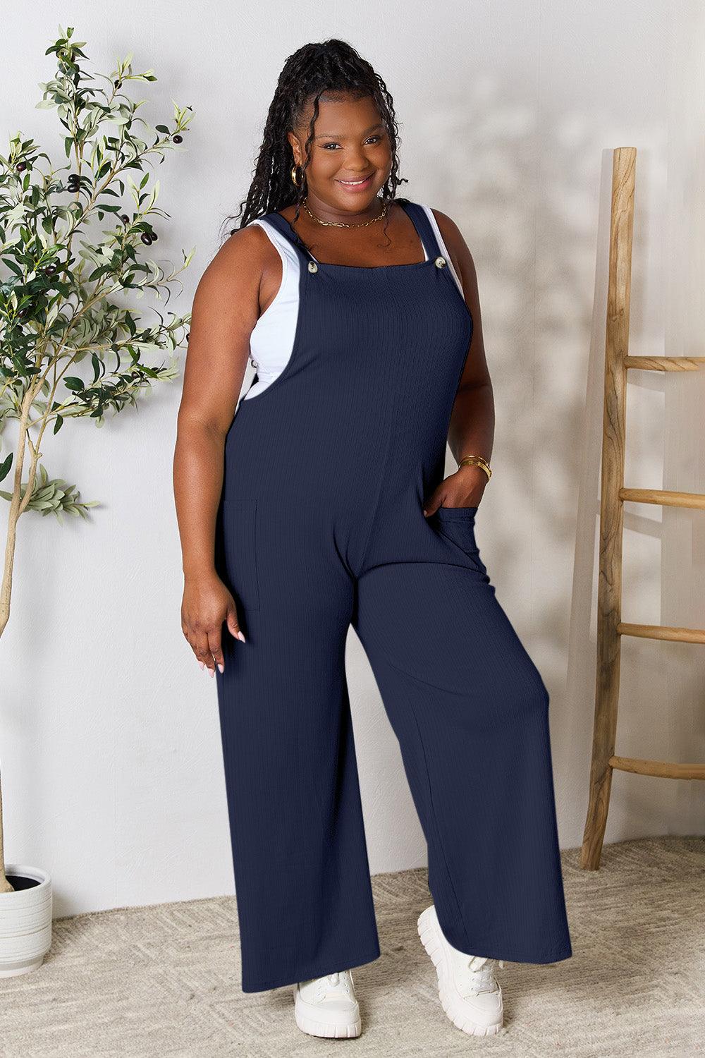 Double Take Full Size Wide Strap Overall with Pockets Dark Navy 2XL Overalls