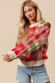 SO ME Christmas Color Checkered Plaid Crew Neck Sweater | Sweaters Daverri Fashions