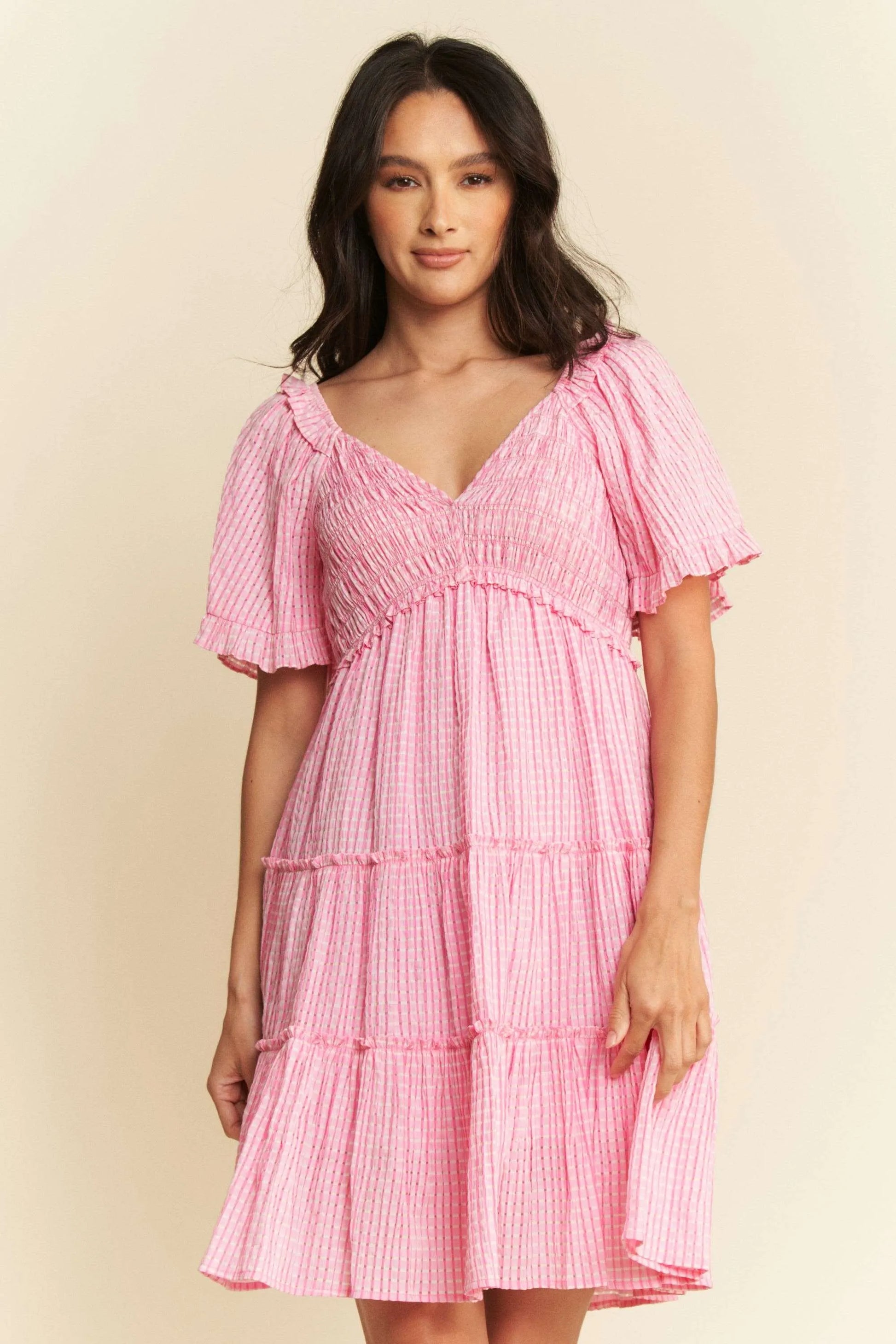 Davi & Dani Jacquard Checker Smocking Tiered Dress Mini Dresses