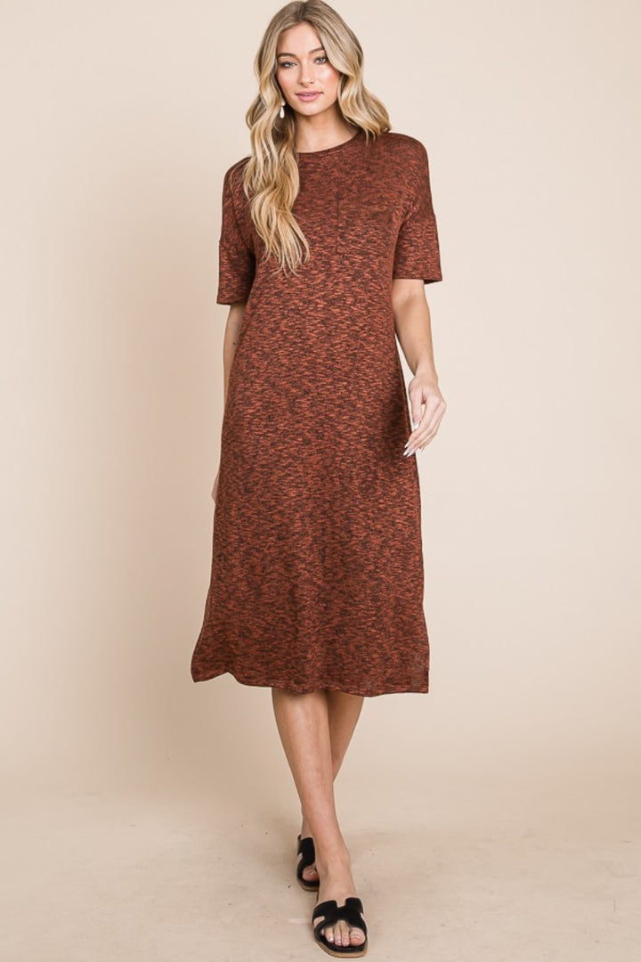 BOMBOM Round Neck Side Slit Midi Dress Rust