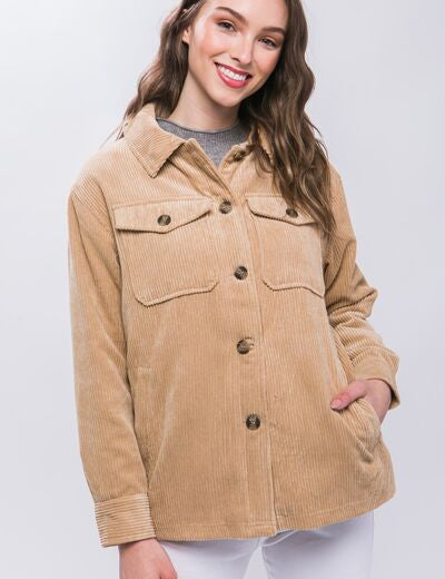 Love Tree Corduroy Button Up Jacket with Sherpa Inside Beige