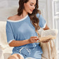 Daverri Fashions blue ribbed off-shoulder pajama set with white trim