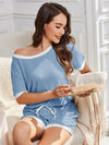 Daverri Fashions blue ribbed off-shoulder pajama set with white trim