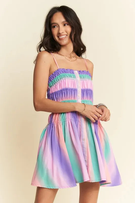 Davi & Dani Multi Color Ombre Printed Bodice Button Up Dress Mini Dresses