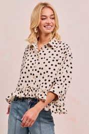 BiBi Polka Dot Printed Peplum Top with Front Button | Blouses Daverri Fashions