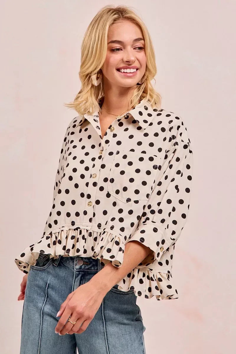 BiBi Polka Dot Printed Peplum Top with Front Button - DAVERRI FASHIONS